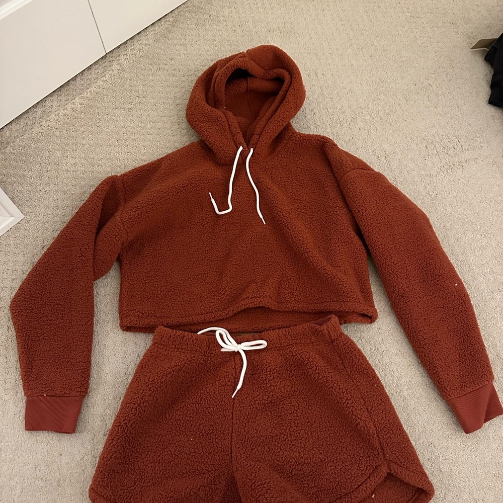 Orange Sherpa hoodie and short set